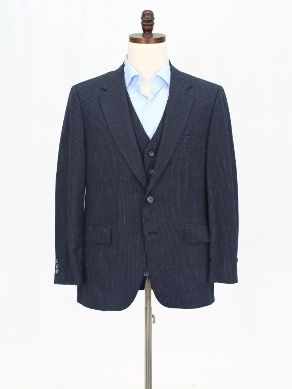 Vintage 1990s 40S 36x29 Navy Full Suit 2-Button Stripe R948